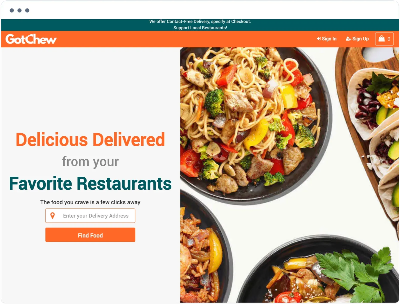 GotChew website home page with the headline Delicious Delivered from your Favorite Restaurants and a delivery address search