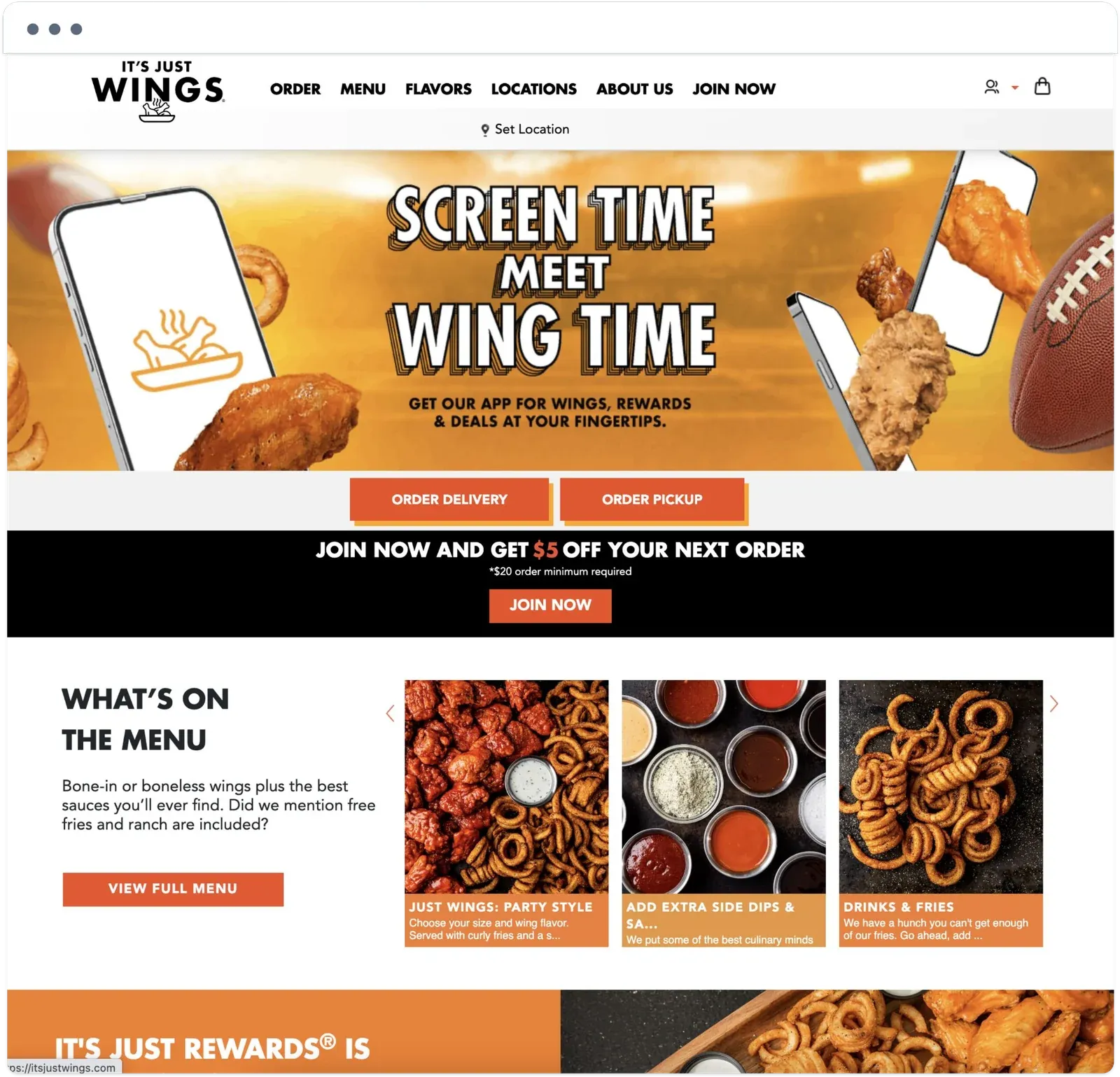 It's Just Wings website home with an app promotion, Order Delivery and Order Pickup buttons, and a $5 off offer for new members