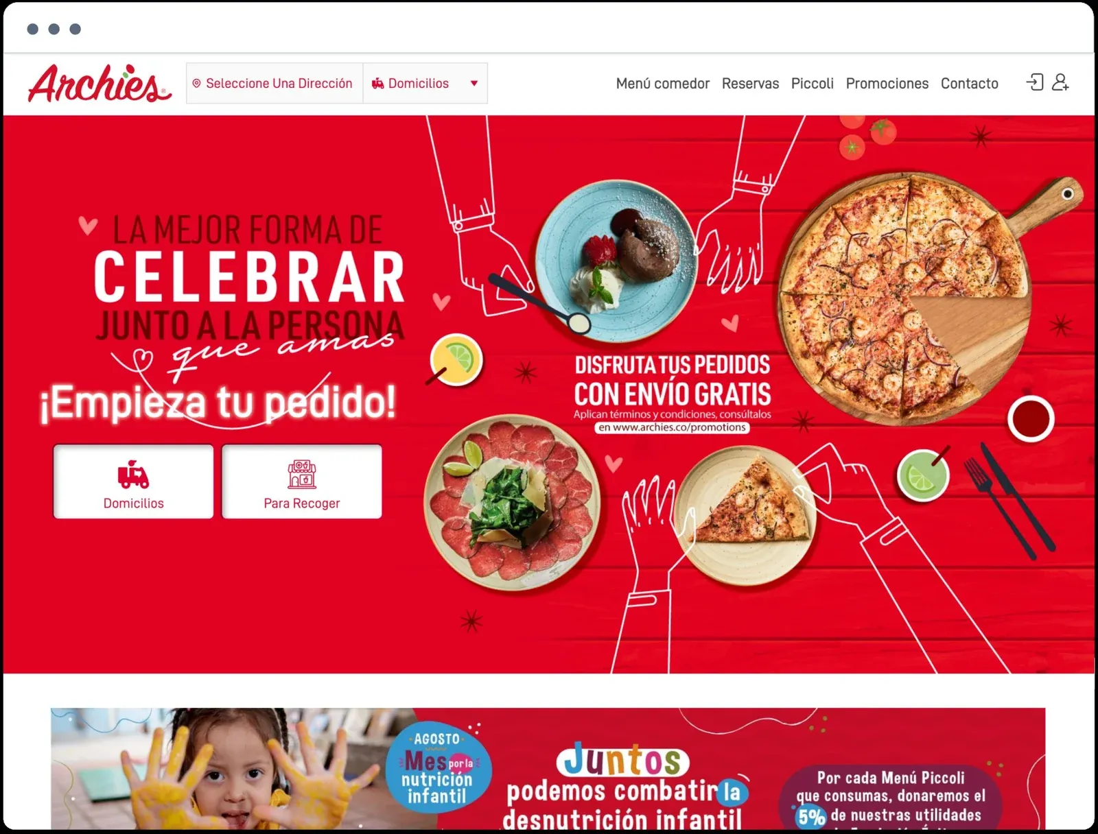 Archies ordering website home page with a free delivery promotion and buttons to choose delivery or pickup