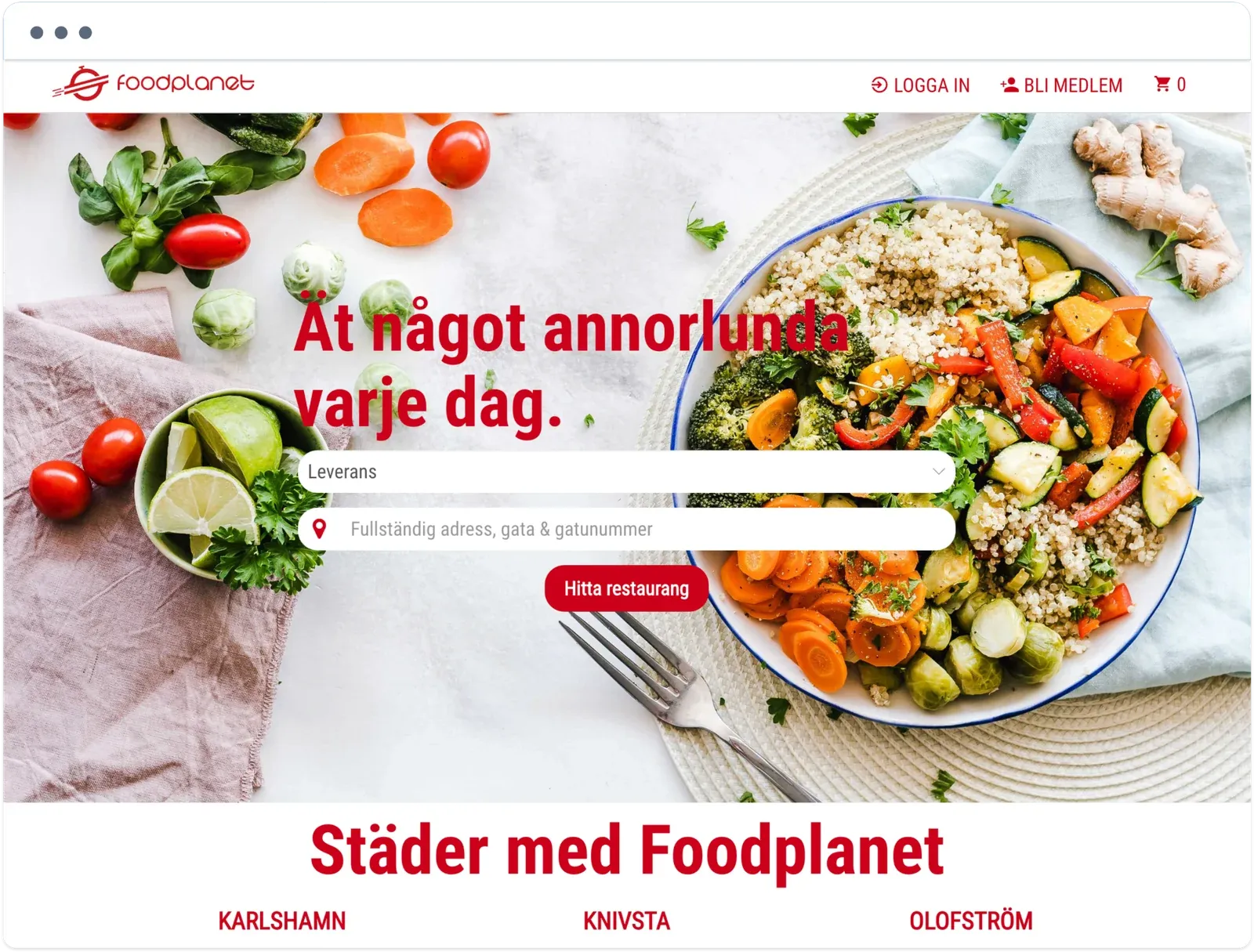 Food Planet website home page in Swedish, with a delivery address search, a Find restaurant button, and the cities Karlshamn, Knivsta, and Olofström