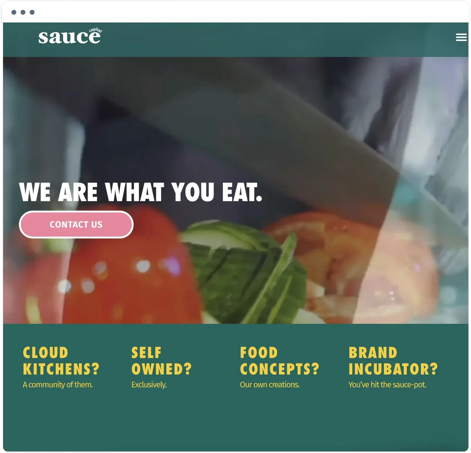 Sauce Capital website with the headline We are what you eat and sections on cloud kitchens, self-owned kitchens, food concepts, and a brand incubator