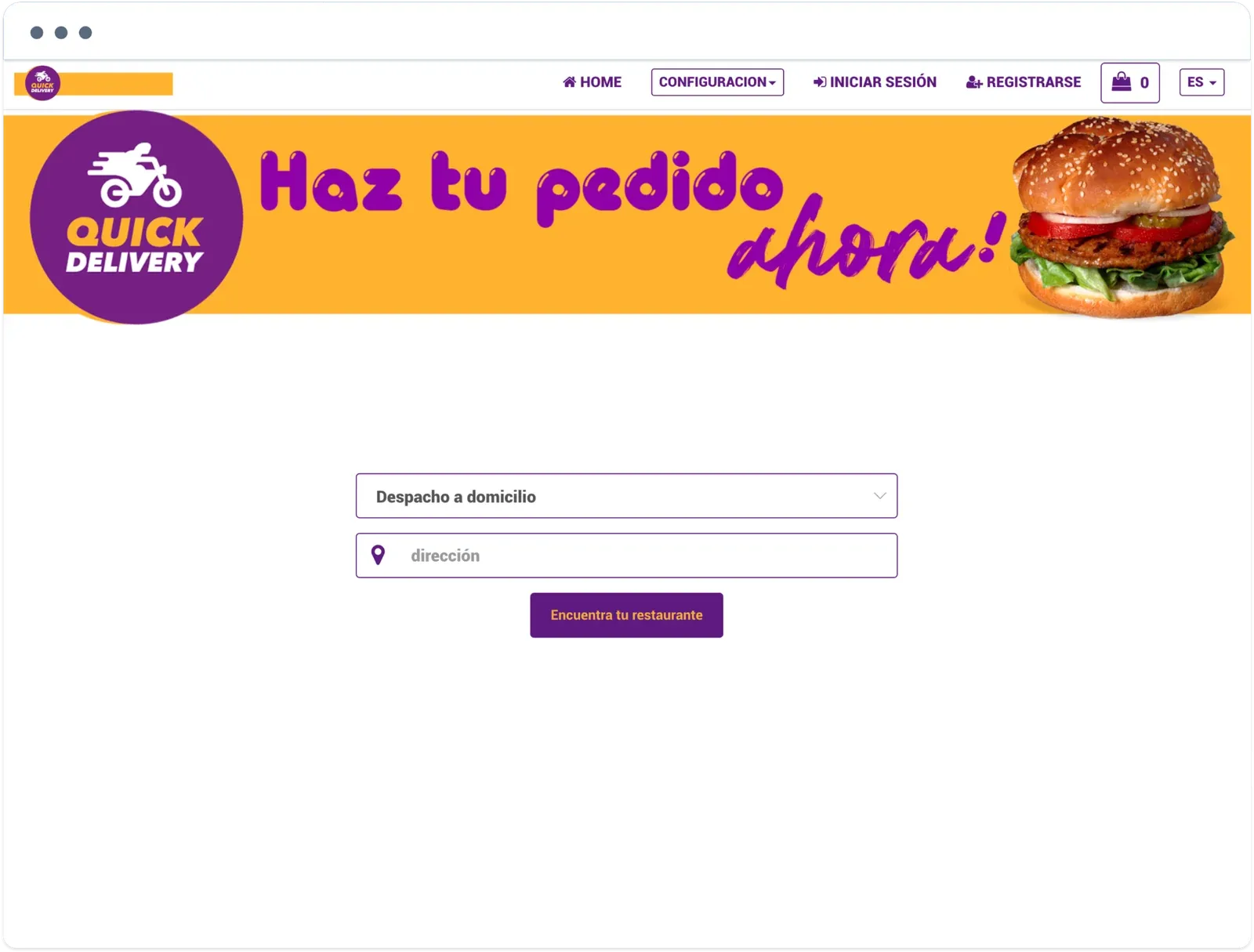 Quickdelivery website home with a Haz tu pedido ahora banner, a delivery selector, an address field, and a Find your restaurant button