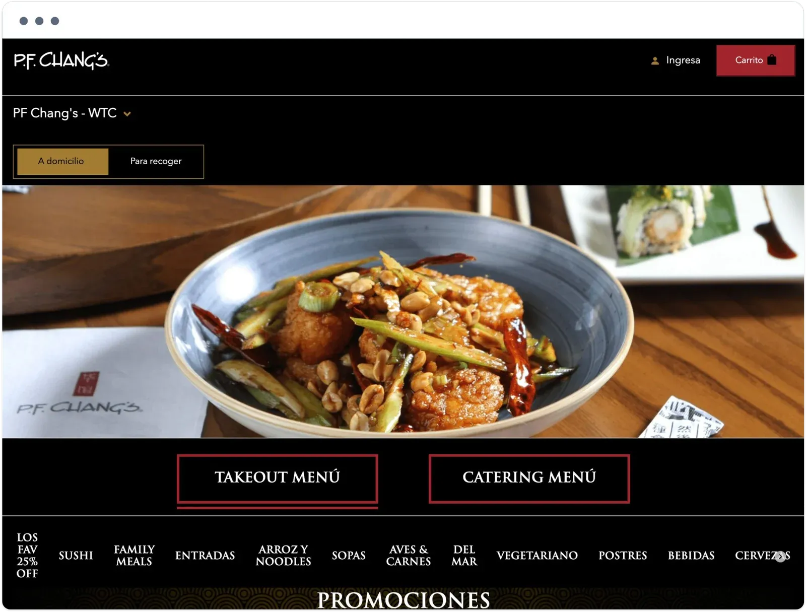 P.F. Chang's WTC restaurant page with Takeout Menú and Catering Menú buttons and menu categories from sushi to desserts