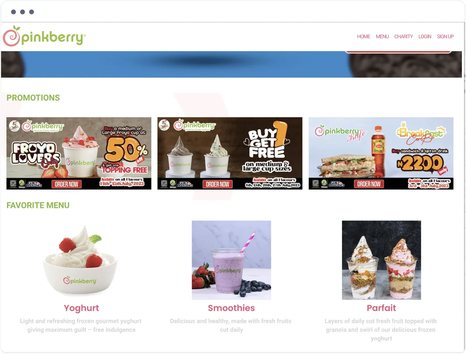 Pinkberry website home with three promotion banners and a favorite menu of yogurt, smoothies, and parfait