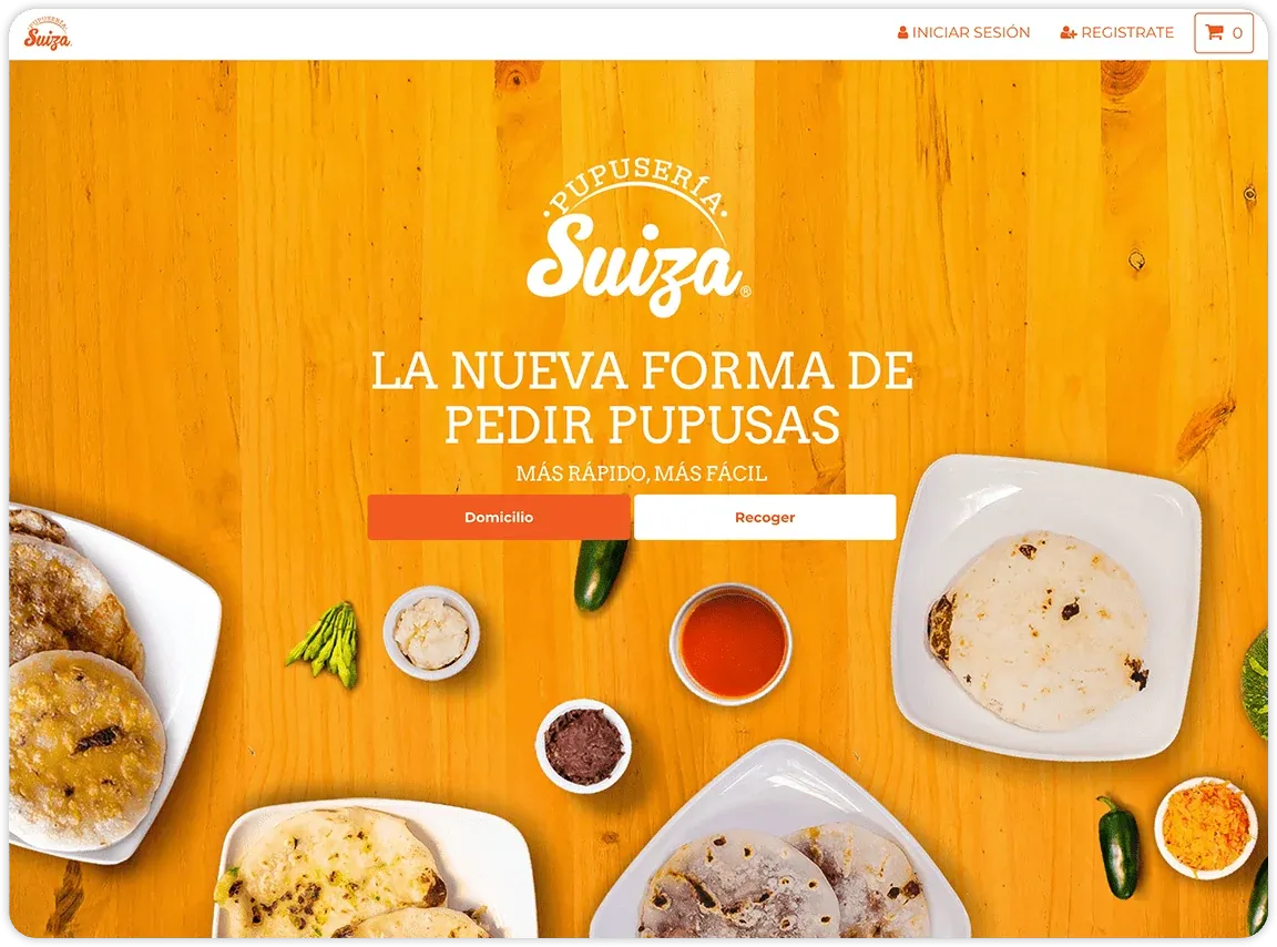 Pupusería Suiza website home with the headline La nueva forma de pedir pupusas and delivery and pickup buttons