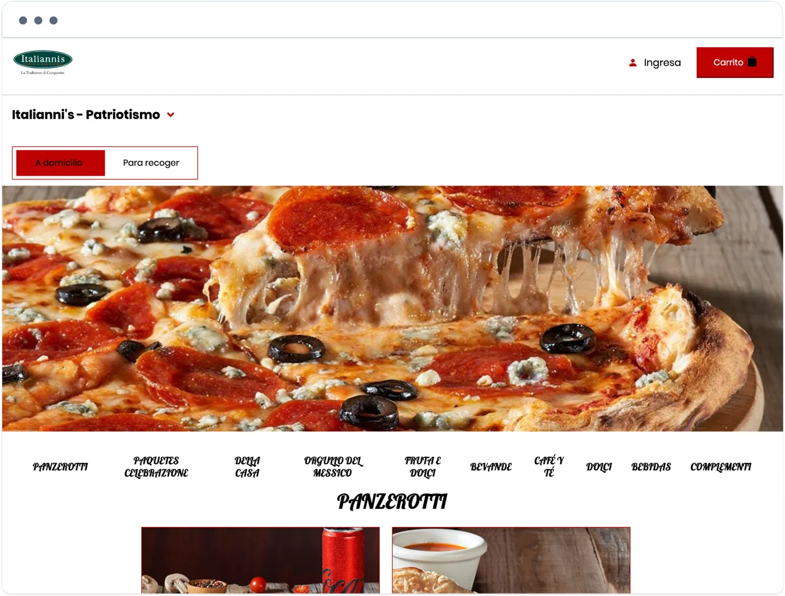 Italianni's ordering website for the Patriotismo location, with delivery and pickup options, a pizza banner, and menu categories