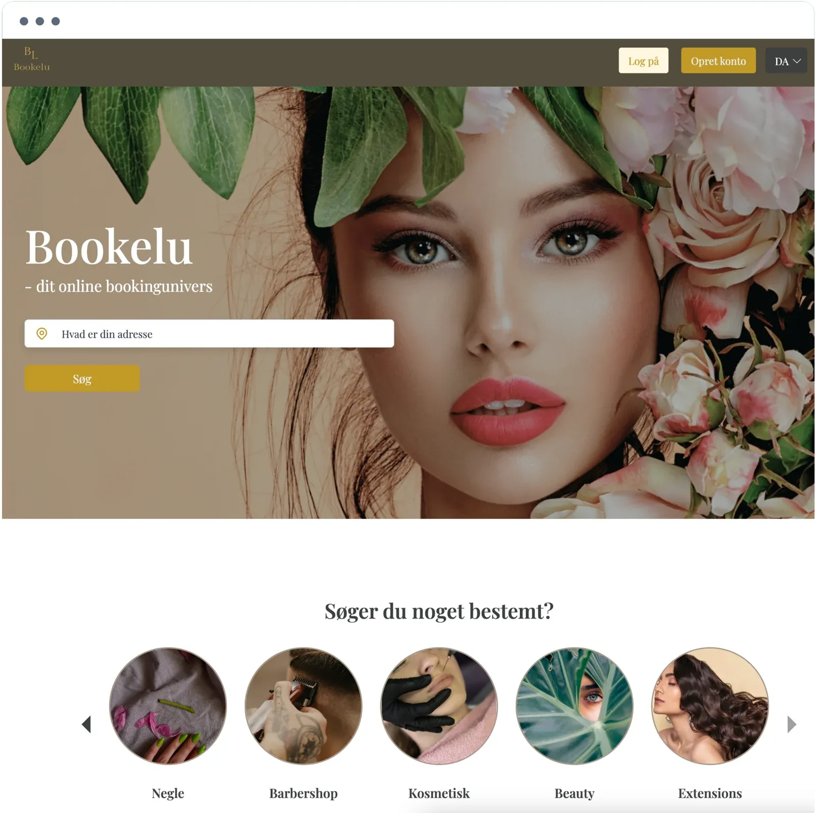 Bookelu website home page, in Danish, with an address search and service categories such as nails, barbershop, cosmetics, beauty, and extensions