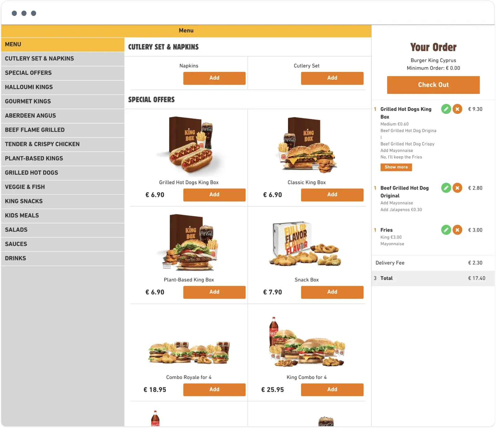 Burger King Cyprus website menu with special offers such as the Classic King Box, and an order summary with the delivery fee and total in euros