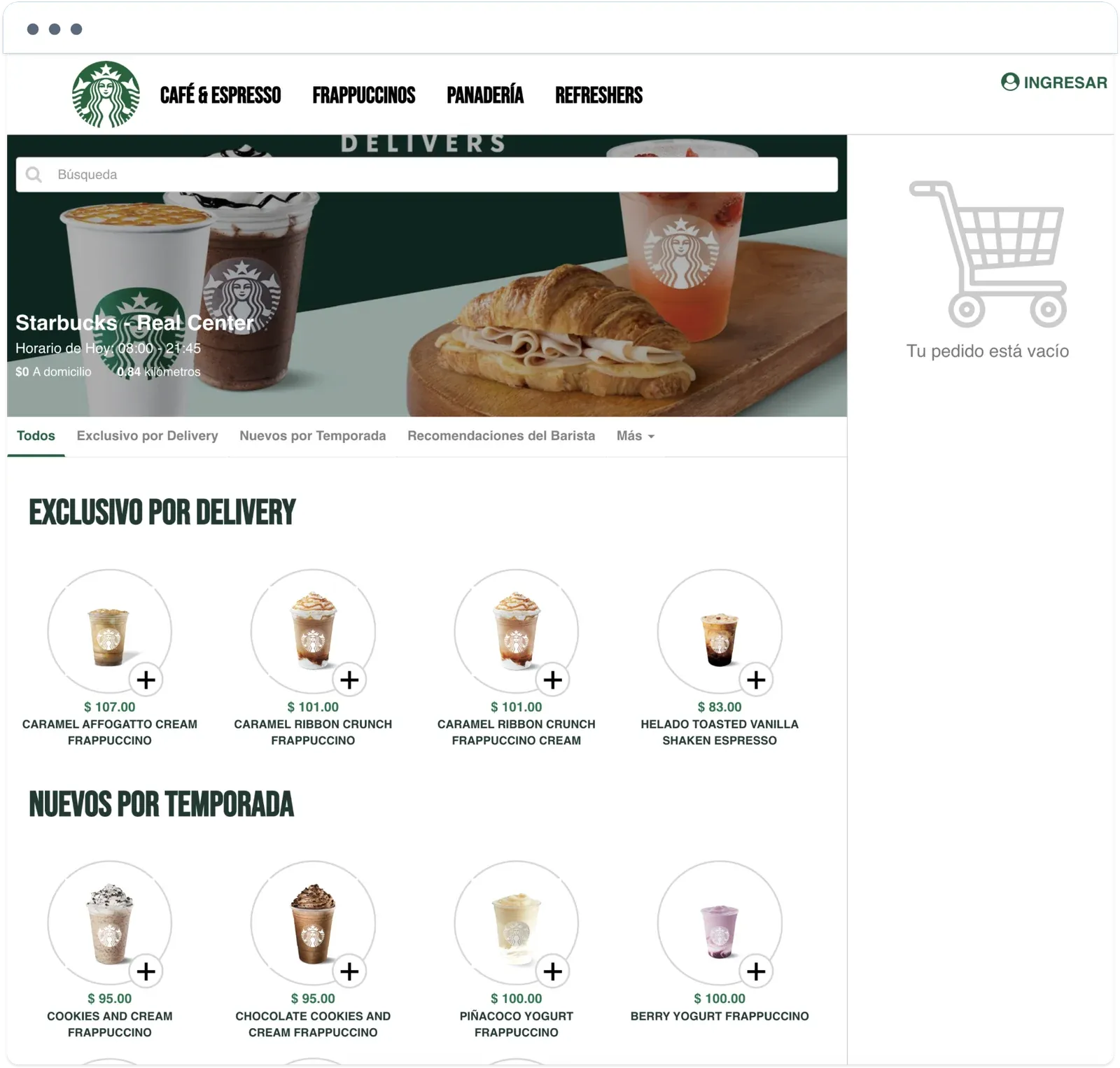 Starbucks Mexico ordering website for the Starbucks Real Center store, with its hours, delivery details, and the Exclusivo por Delivery and Nuevos por Temporada sections