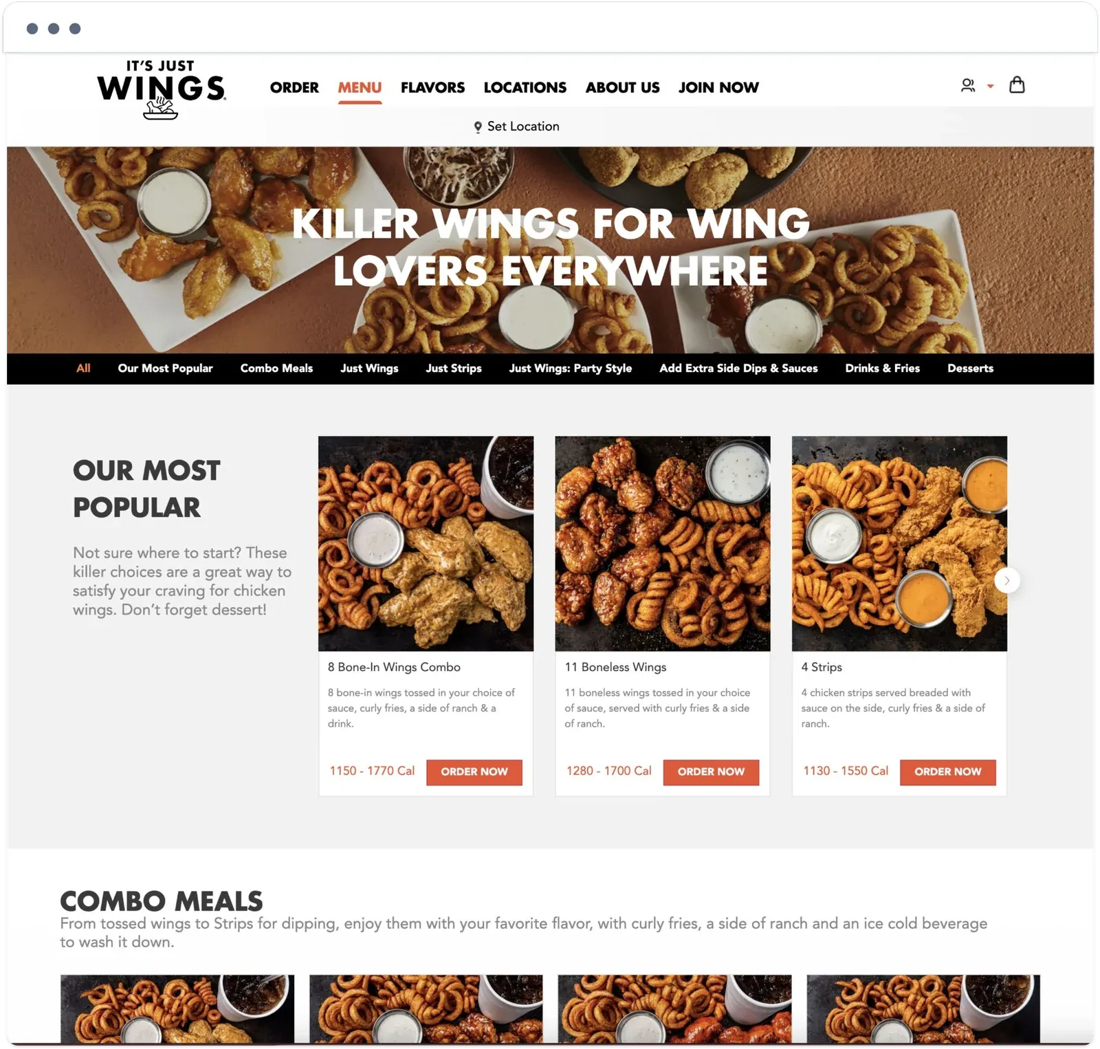 It's Just Wings website menu page with the Our Most Popular section and wing combos with Order Now buttons