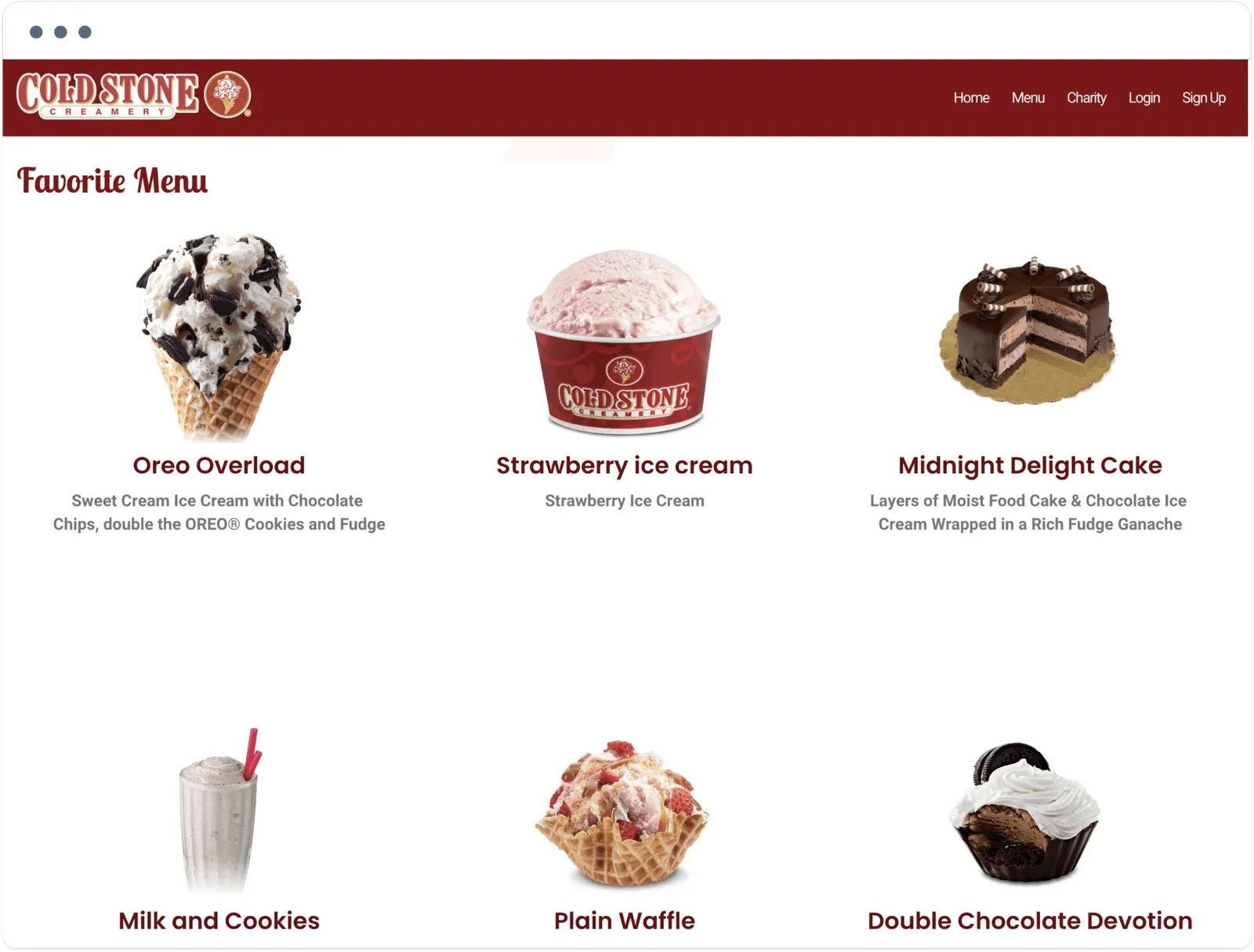 Cold Stone Creamery website with a Favorite Menu of Oreo Overload, strawberry ice cream, Midnight Delight Cake, and other treats