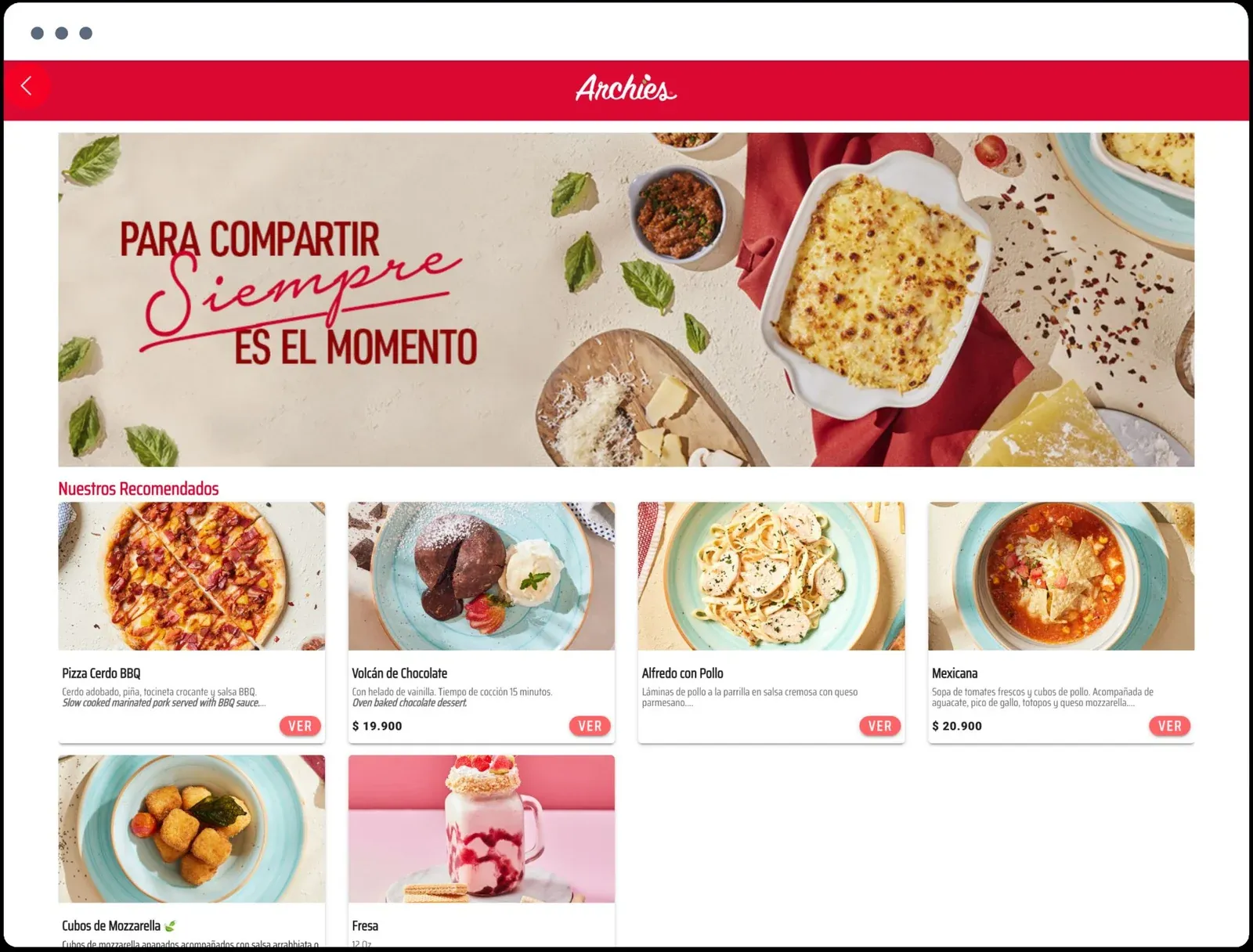 Archies digital menu with a lasagna banner and recommended dishes such as BBQ pork pizza, chocolate lava cake, and chicken Alfredo