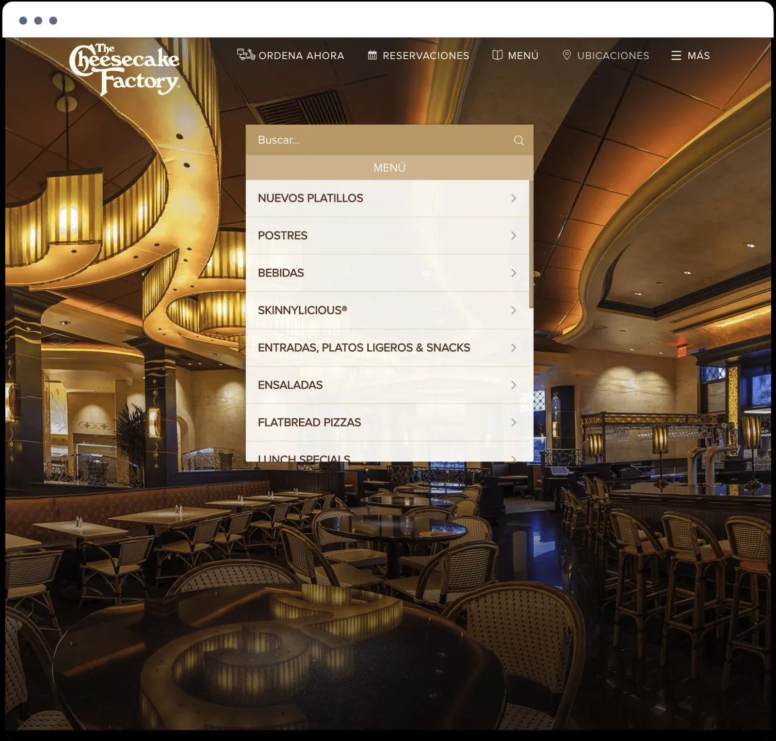 The Cheesecake Factory Mexico website with its menu categories over a photo of the restaurant dining room