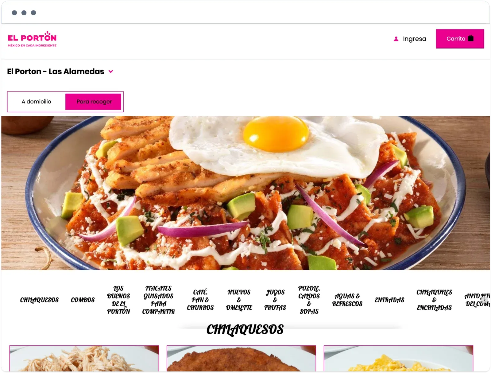 El Portón ordering website for the Las Alamedas location, with delivery and pickup options, a plate of chilaquesos, and the menu categories