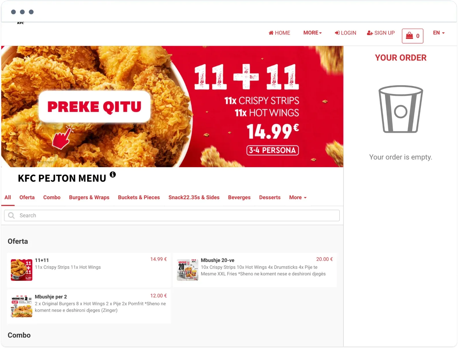 KFC Pejton menu on the KFC Kosova website, with an 11+11 offer banner, menu categories, and offers priced in euros