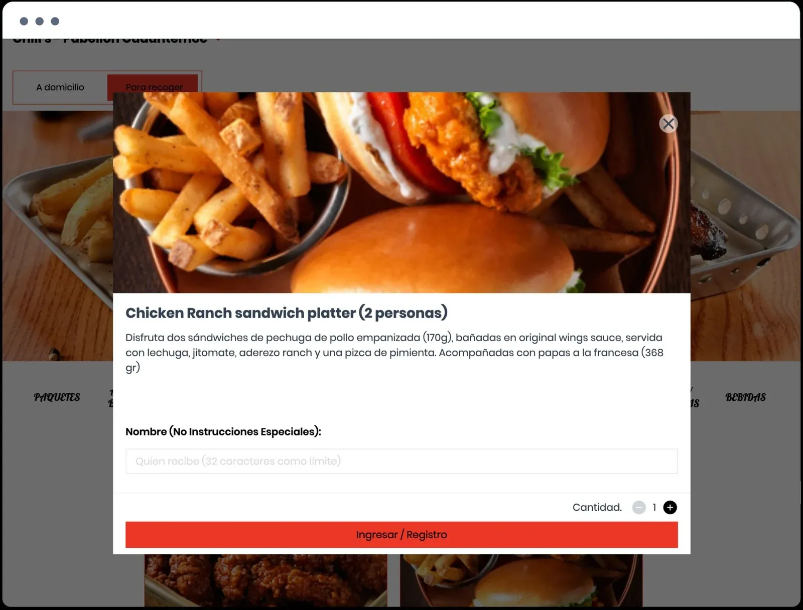 Chili's product window for a Chicken Ranch sandwich platter for two, with a description, special instructions field, and quantity