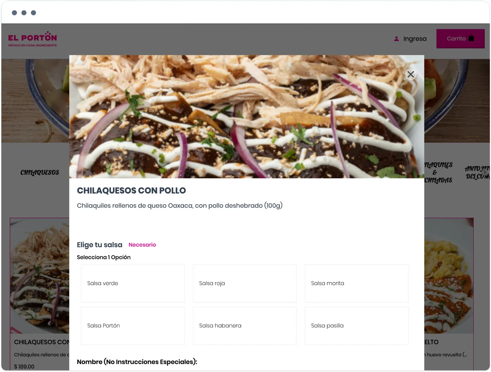 Chilaquesos con pollo product window on the El Portón website, with a required salsa choice