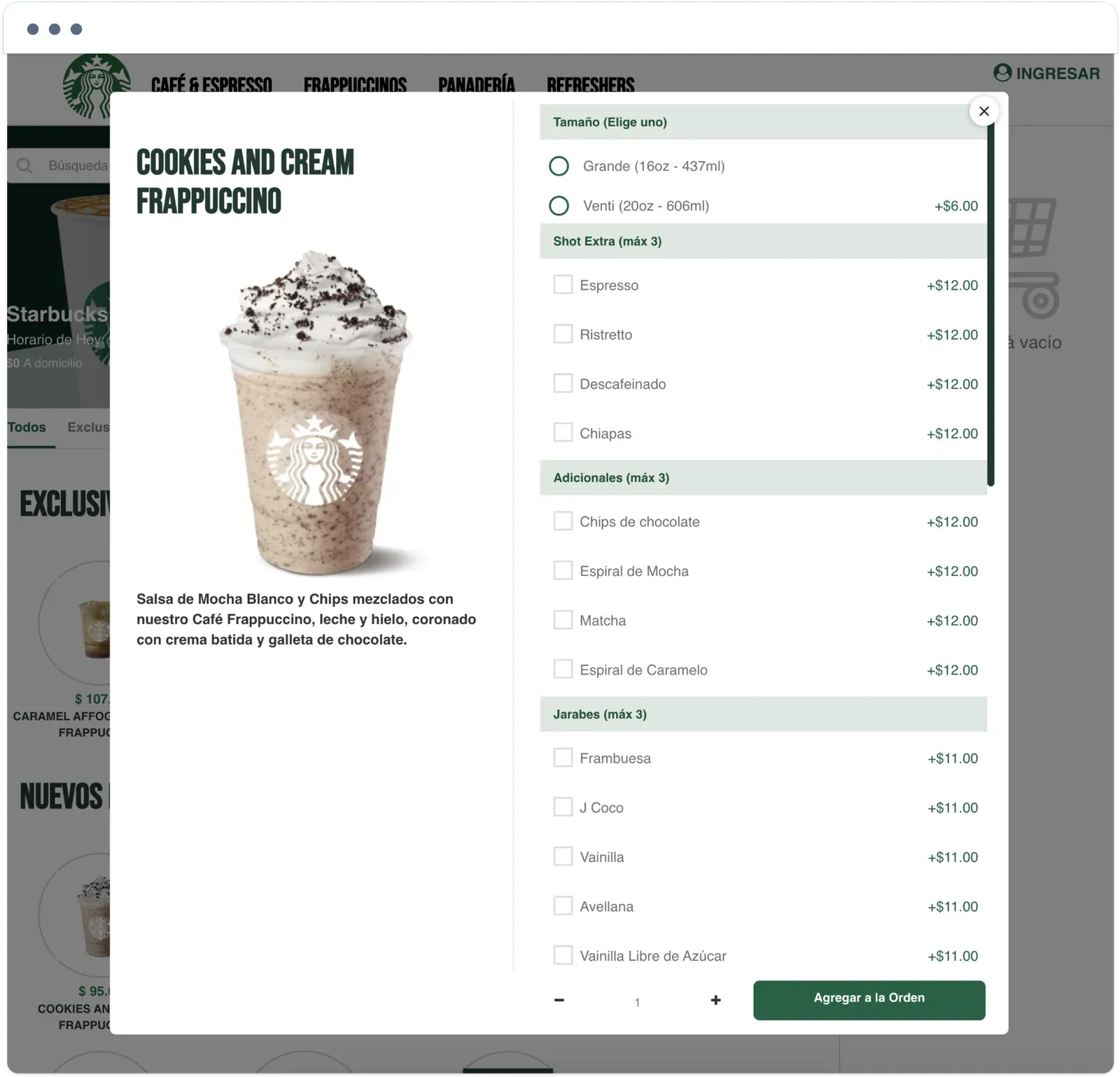 Cookies and Cream Frappuccino product window on the Starbucks Mexico website, with drink options and an add-to-order button