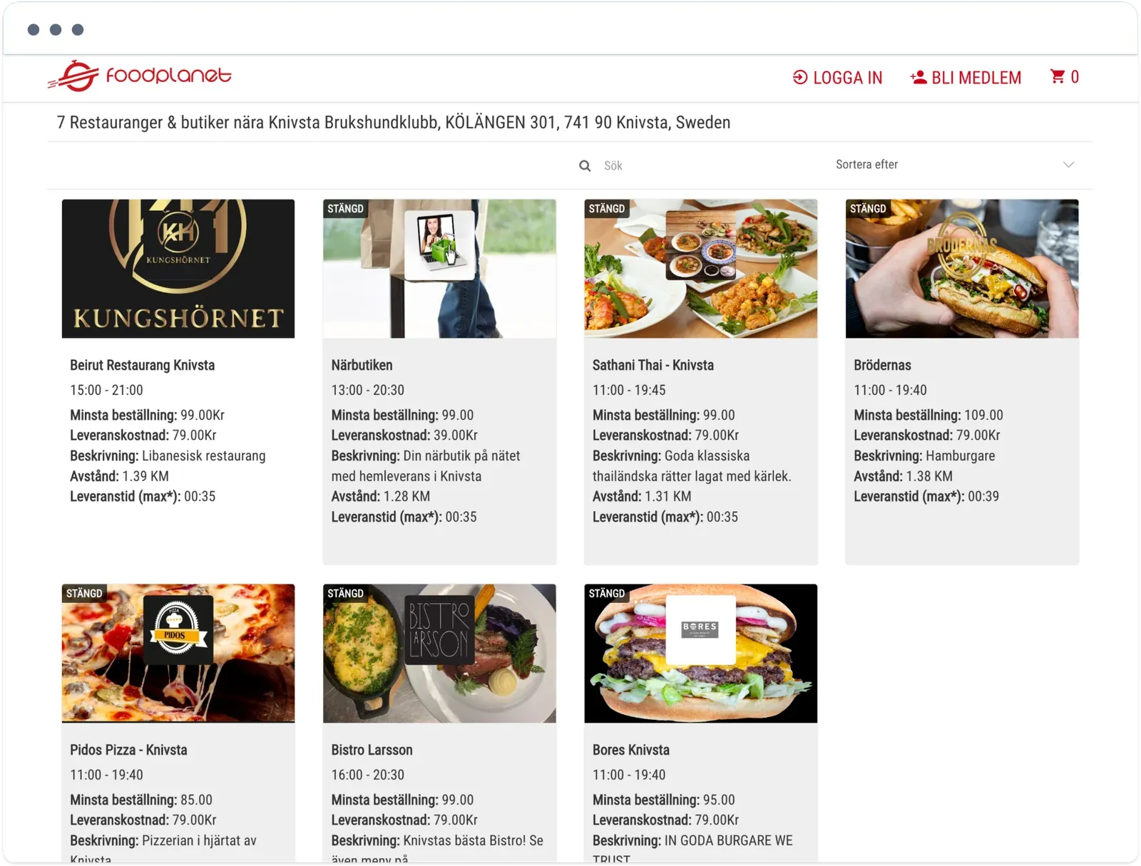 Food Planet website listing restaurants with photos, opening hours, delivery fees, and minimum order amounts