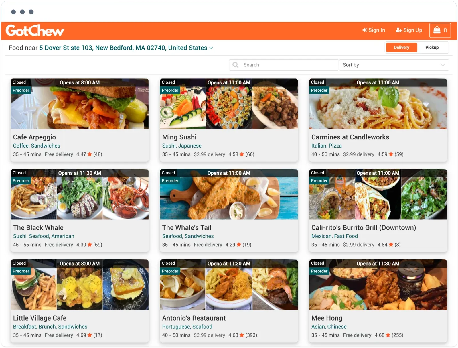 GotChew website listing nearby restaurants with photos, delivery fees, times, and ratings
