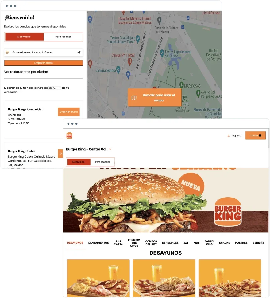 Burger King ordering website with a store finder map in Guadalajara and a store menu set to delivery