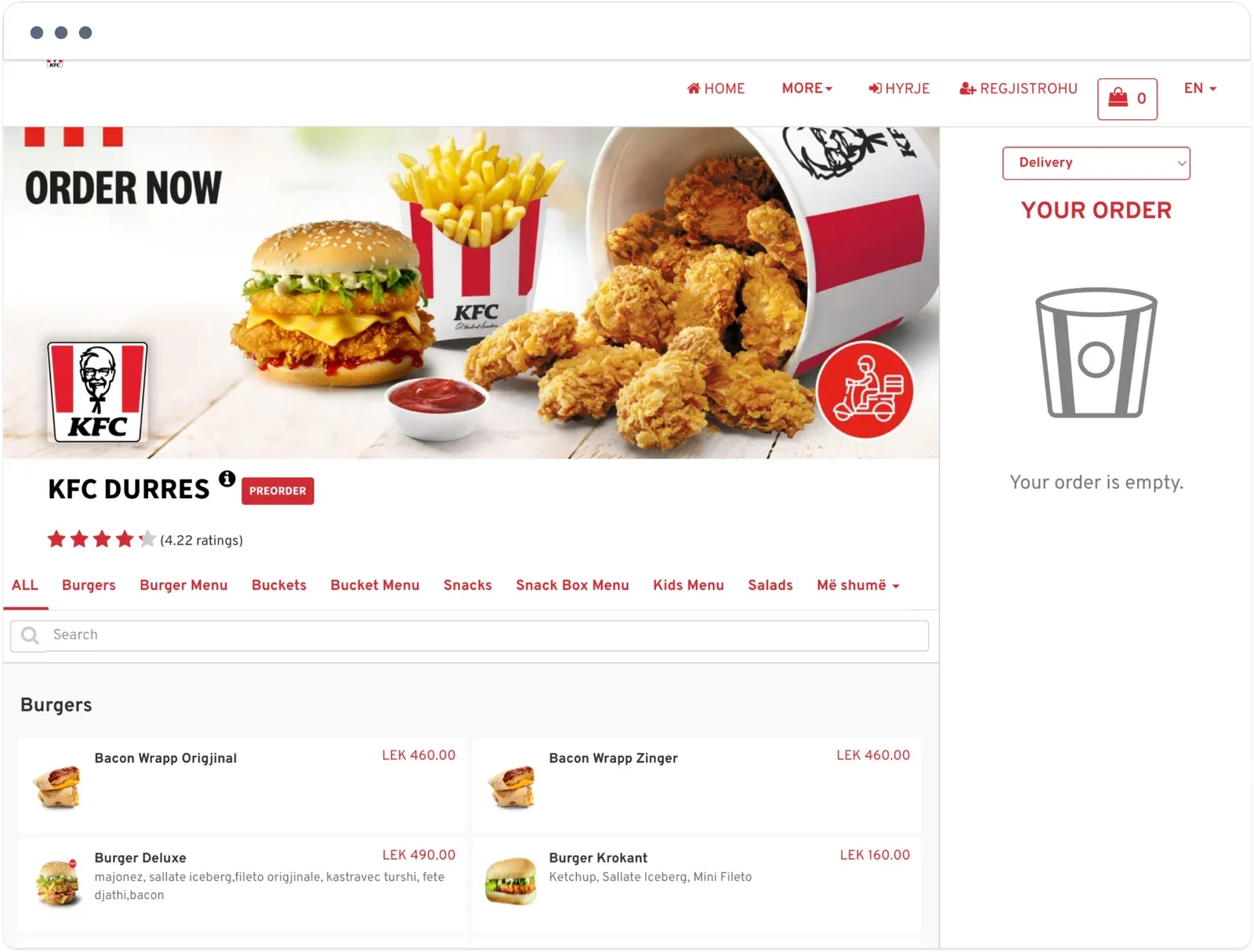 KFC Durres store page on the KFC Albania website, with an Order now banner, burger menu items in lek, and the order panel