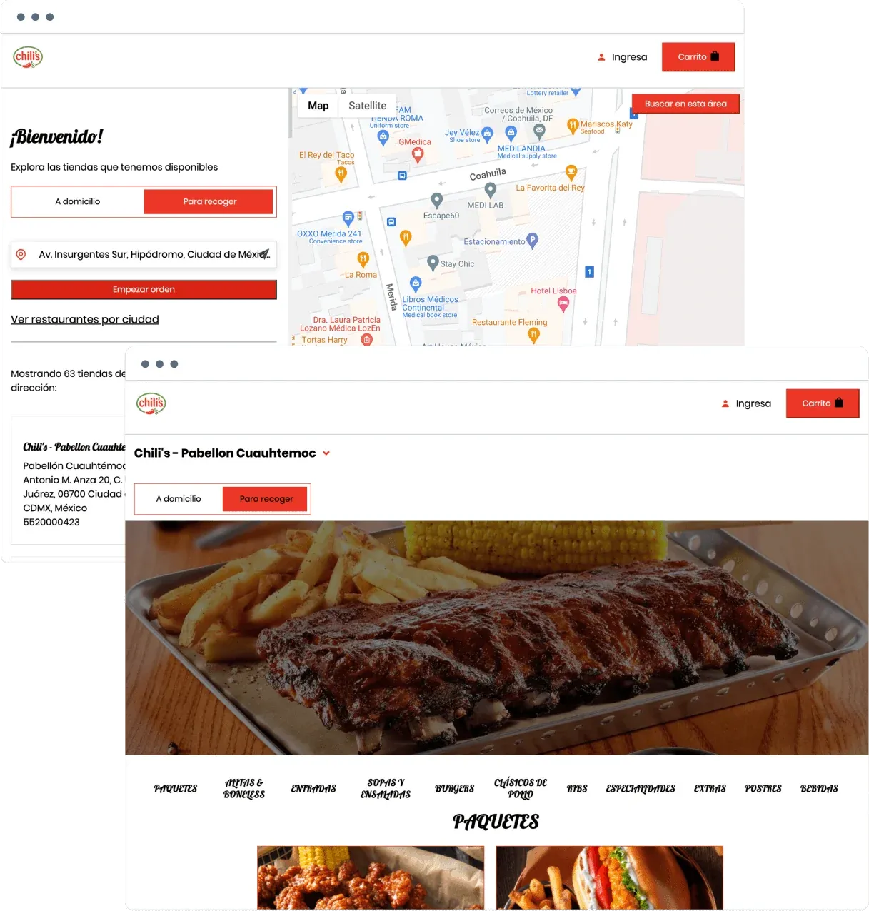 Chili's Mexico store finder with delivery and pickup options, an address in Mexico City, and a map of nearby restaurants