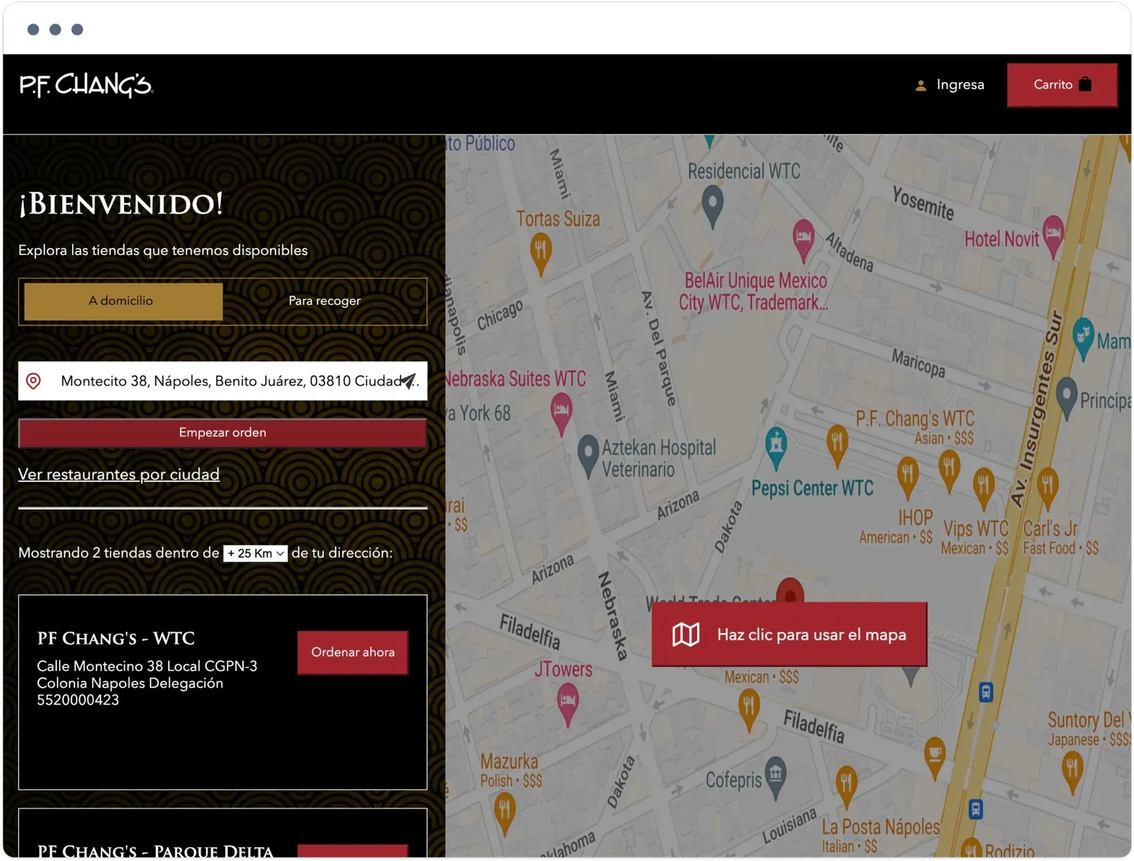 P.F. Chang's Mexico ordering website welcome page with delivery and pickup options, an address search, and nearby restaurants on a map