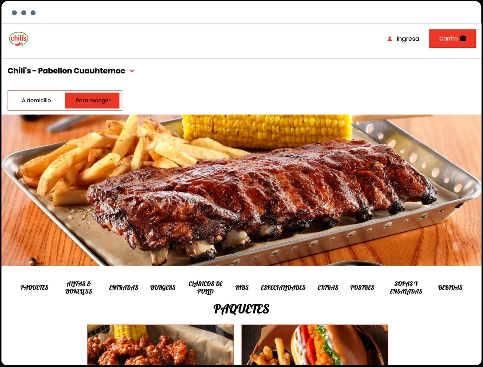 Chili's Pabellón Cuauhtémoc store page with delivery and pickup options, a photo of ribs, and menu categories