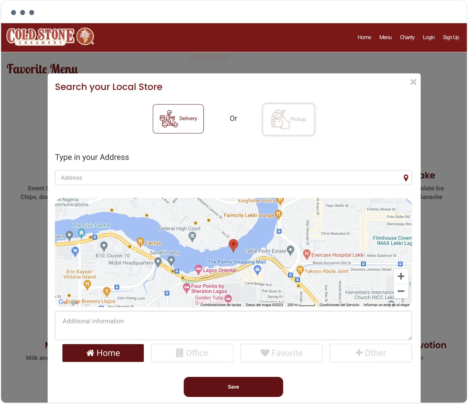 Cold Stone Search your Local Store window with delivery and pickup options, an address field, and a map