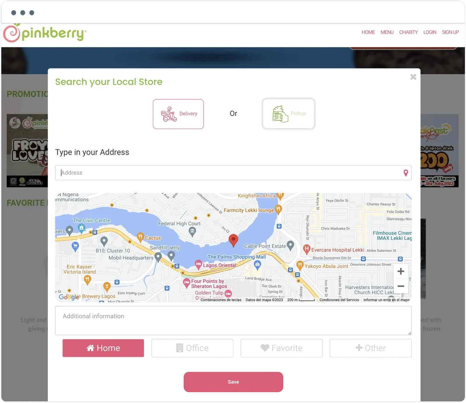 Pinkberry website Search your Local Store window with delivery and pickup options, an address field, and a map of Lagos