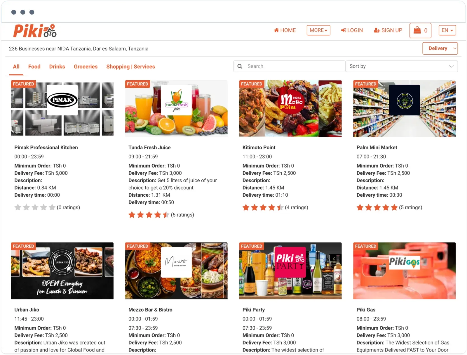 Piki website listing businesses near Dar es Salaam with category tabs, delivery fees, distances, and ratings
