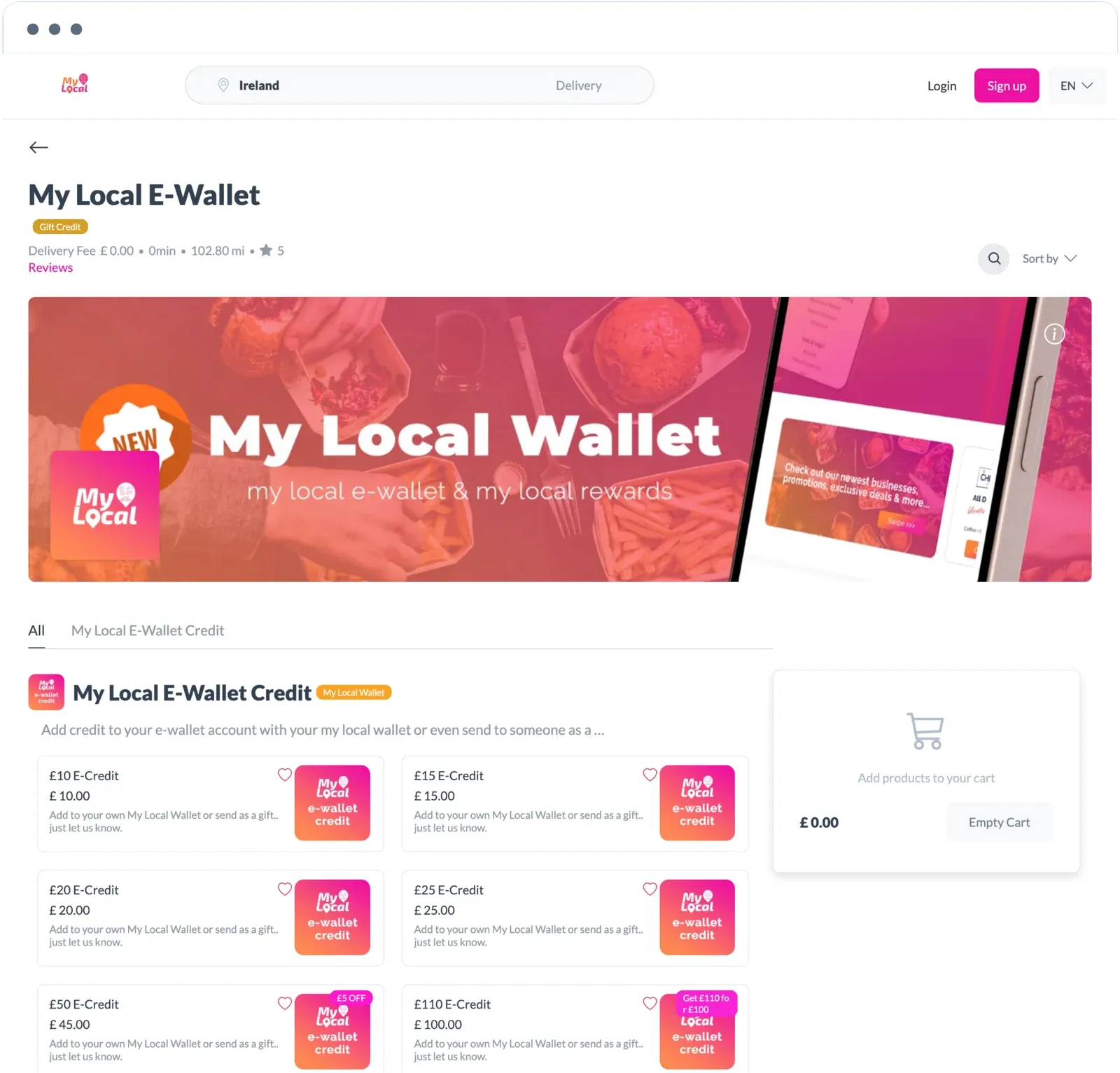 My Local E-Wallet page on the MyLocal website, with e-wallet credit options and an empty cart