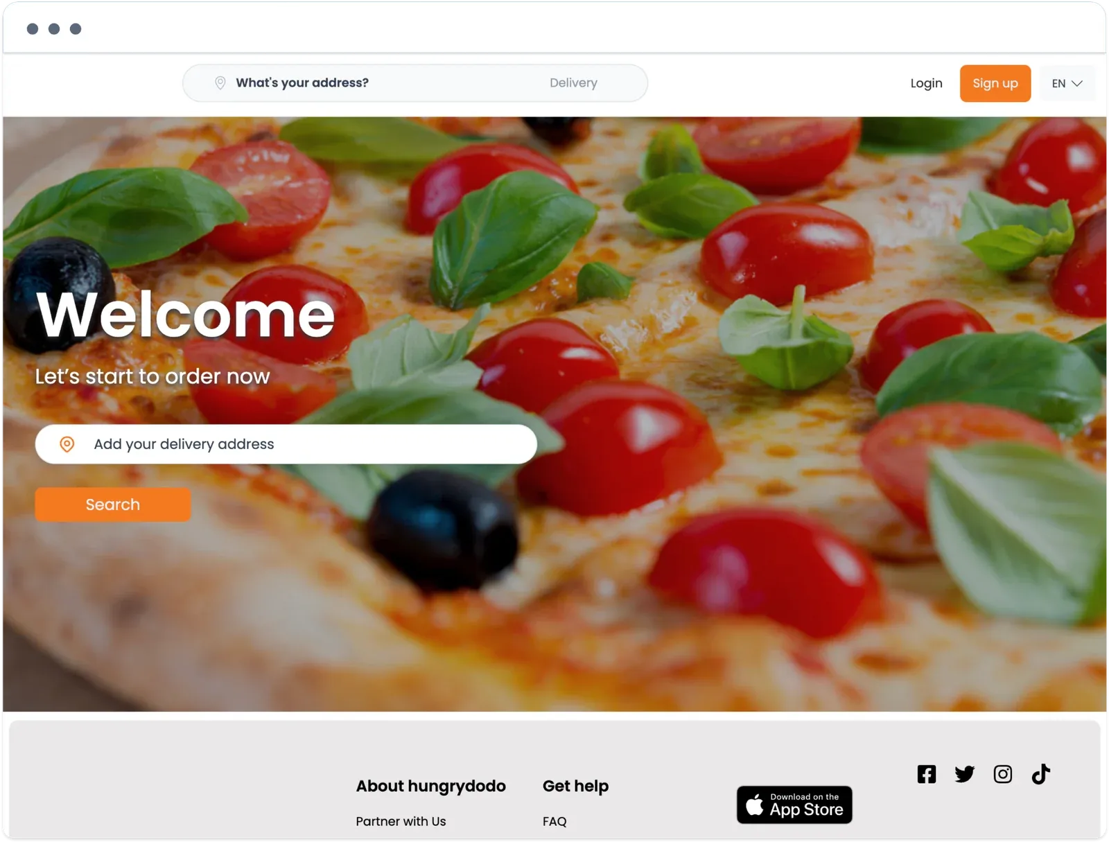 HungryDodo website welcome page with a delivery address search over a pizza photo