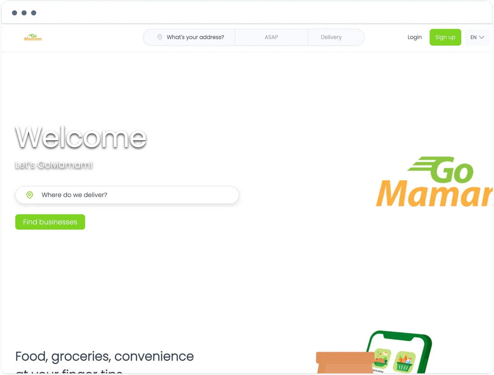 GoMamam website welcome page asking where to deliver, with a Find businesses button