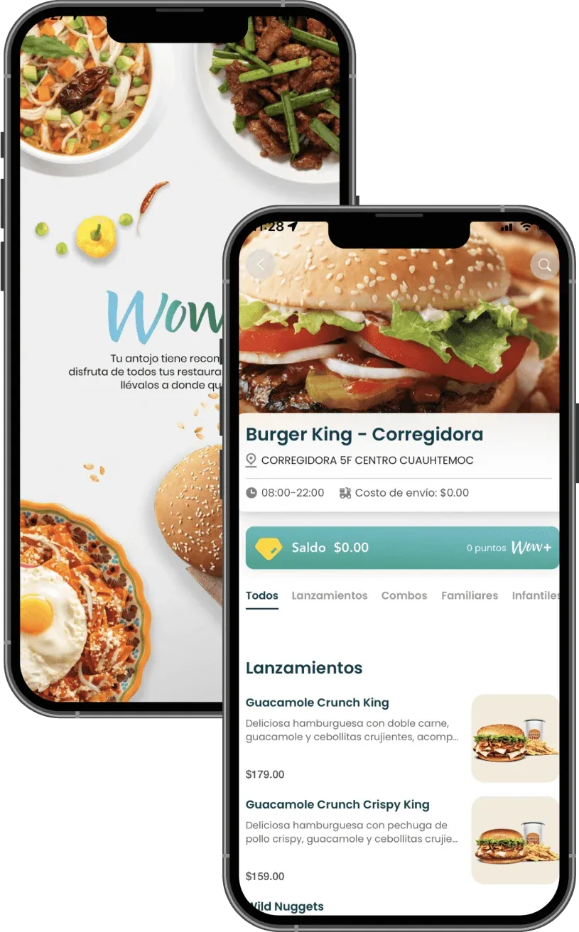 Two phones showing the WOW+ app: the welcome screen and the Burger King Corregidora menu