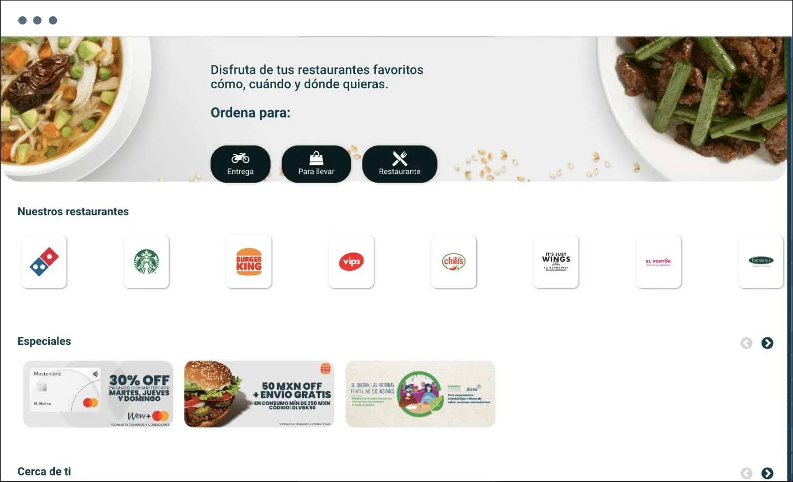 WOW+ home page, where guests choose how to order and pick one of Alsea's restaurant brands
