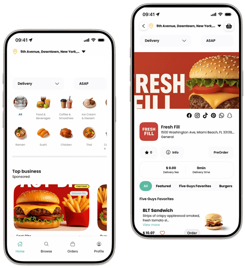 Marketplace browse with category icons and Fresh Fill restaurant detail — Ordering.co v26 customer app