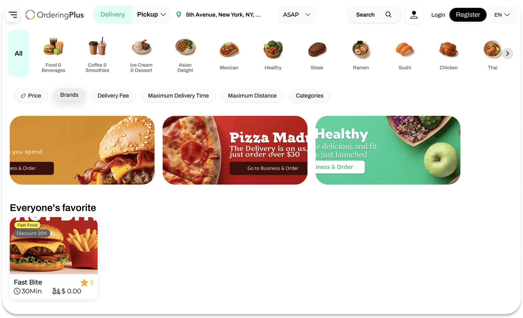 Multi-vendor marketplace browse with categories, promotional banners, and featured restaurants