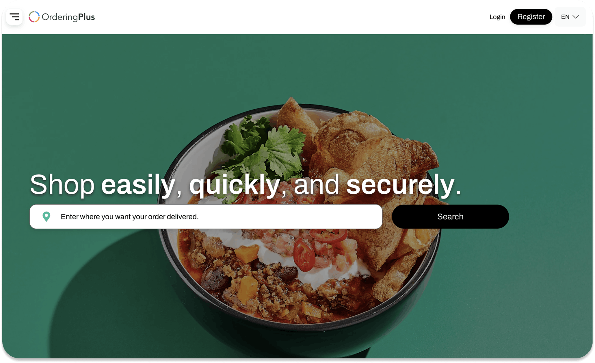Marketplace branded homepage with hero food image and search bar