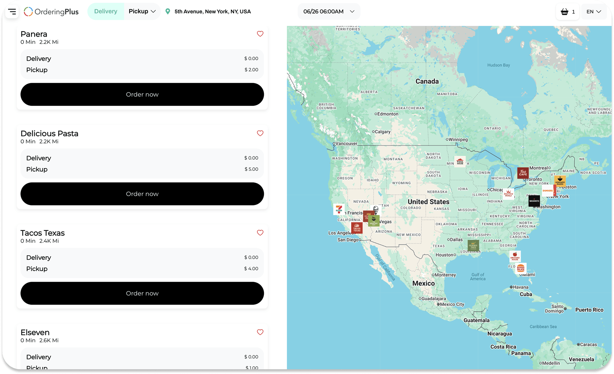 Map view showing restaurant pins across North America with delivery and pickup options