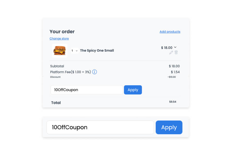 Checkout order summary showing a burger line item, subtotal, platform fee, a discount of ten dollars already applied, the total, and a coupon code field with an Apply button.