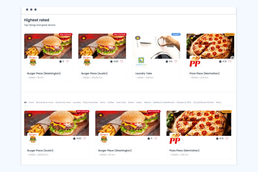 Highest rated row on a marketplace website. Store cards for Burger Place, Laundry Take, and Pizza Place carry ribbons in different colors, including New | Popular, Laundry, and Franchise, next to each store’s star rating.