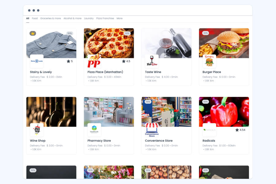 Marketplace home with store cards for businesses such as a pizza place, a wine shop, a pharmacy, and a convenience store. Each card shows a cover photo, the store logo, a star rating, the delivery fee, delivery time, and distance, and many carry a 50% offer ribbon. Tabs above the cards filter by Food, Groceries & more, Alcohol & more, and Laundry.