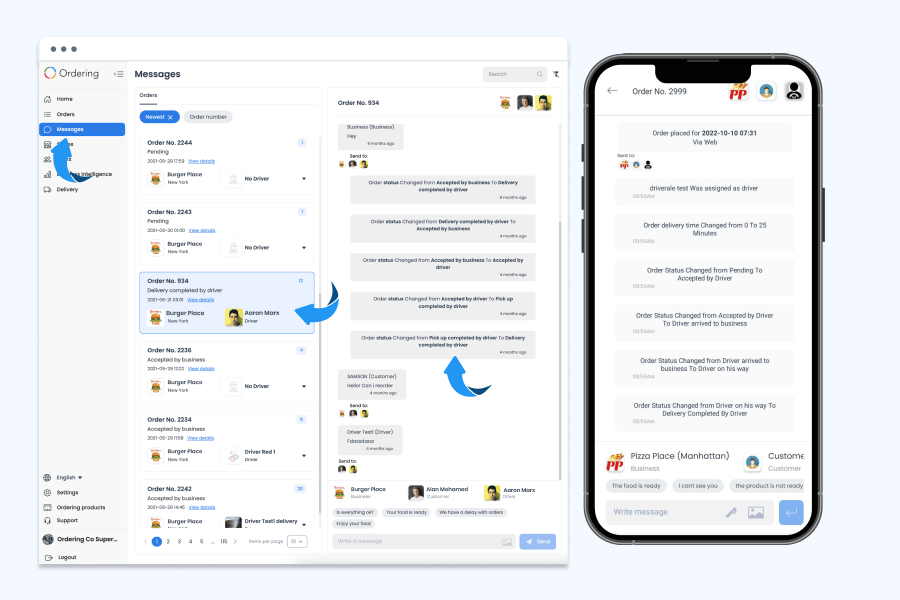Ordering.co Messages view with an order conversation and automatic status-change entries, next to the same conversation on a phone