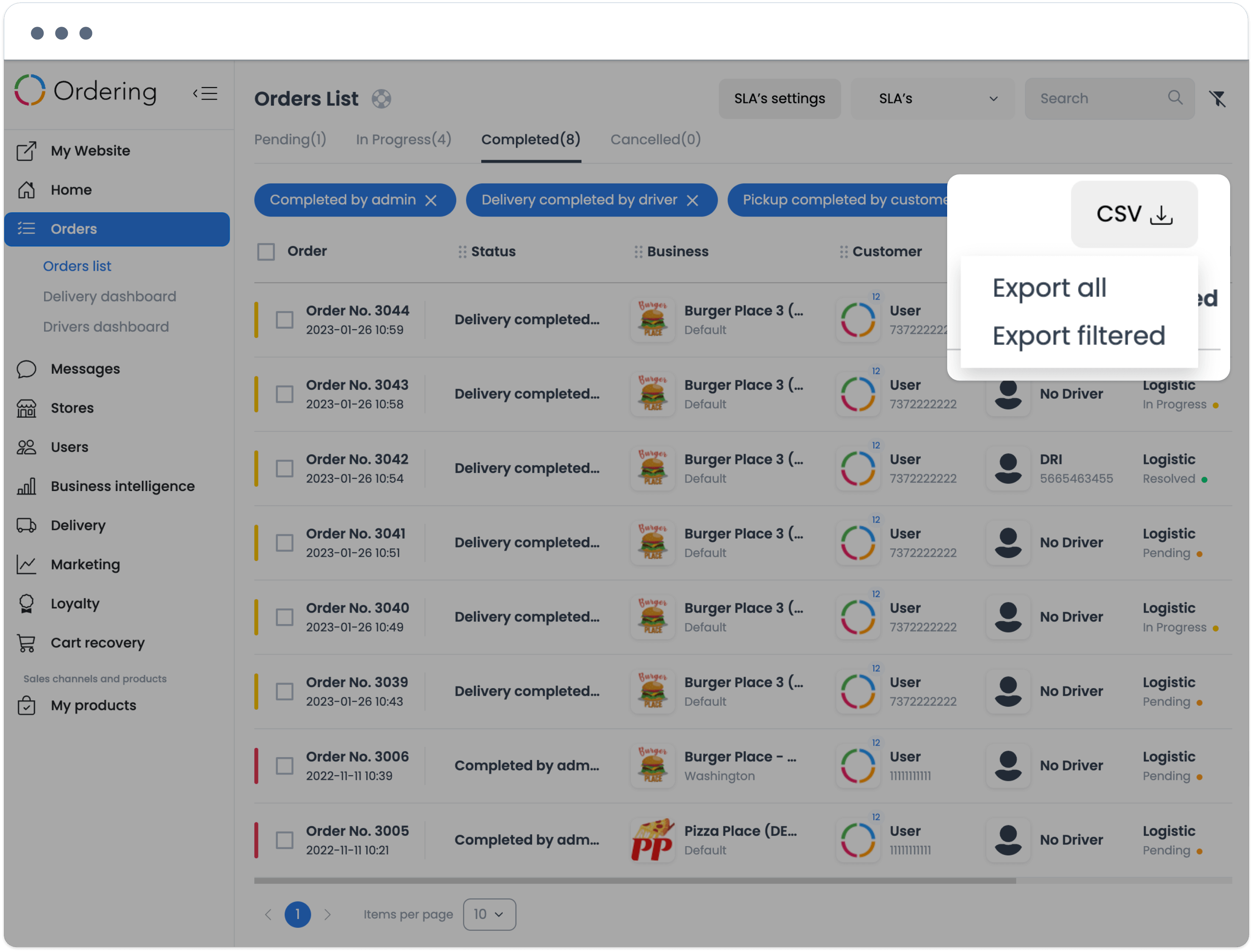 Orders list with an Export menu open, offering to export all orders or just the filtered ones as a CSV