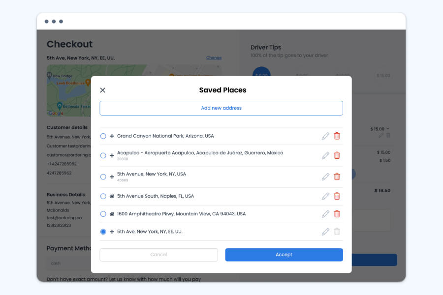 Ordering.co Saved Places panel at checkout, listing several saved addresses with edit and delete icons, an Add new address button, and Accept and Cancel buttons.