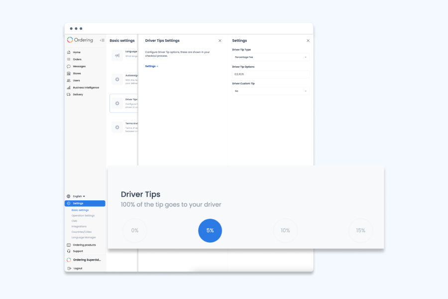 Driver Tips Settings in the Dashboard with tip type, tip options, and custom tip fields, above the percentage tip selector shown at checkout