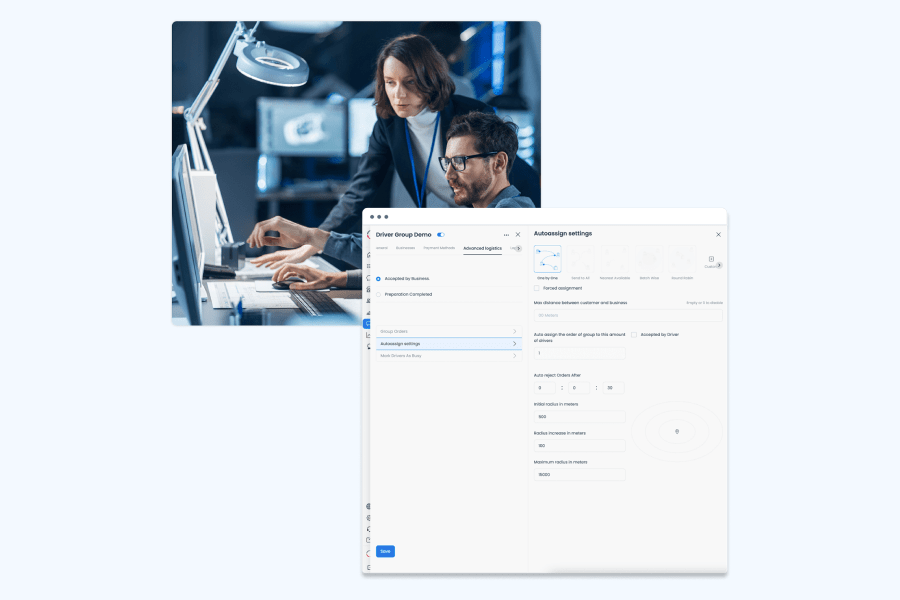 Autoassign settings for a driver group in the Dashboard, with assignment methods, maximum distance, and search radius fields