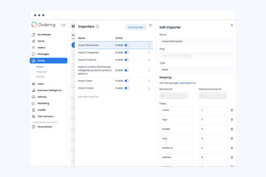 Dashboard Importers list showing Import Businesses, Import Categories, Import Products, Import Full Menu, Import Users, and Import Orders, each with an enable toggle, beside an Edit importer panel mapping CSV fields such as name, logo, slug, timezone, and address.